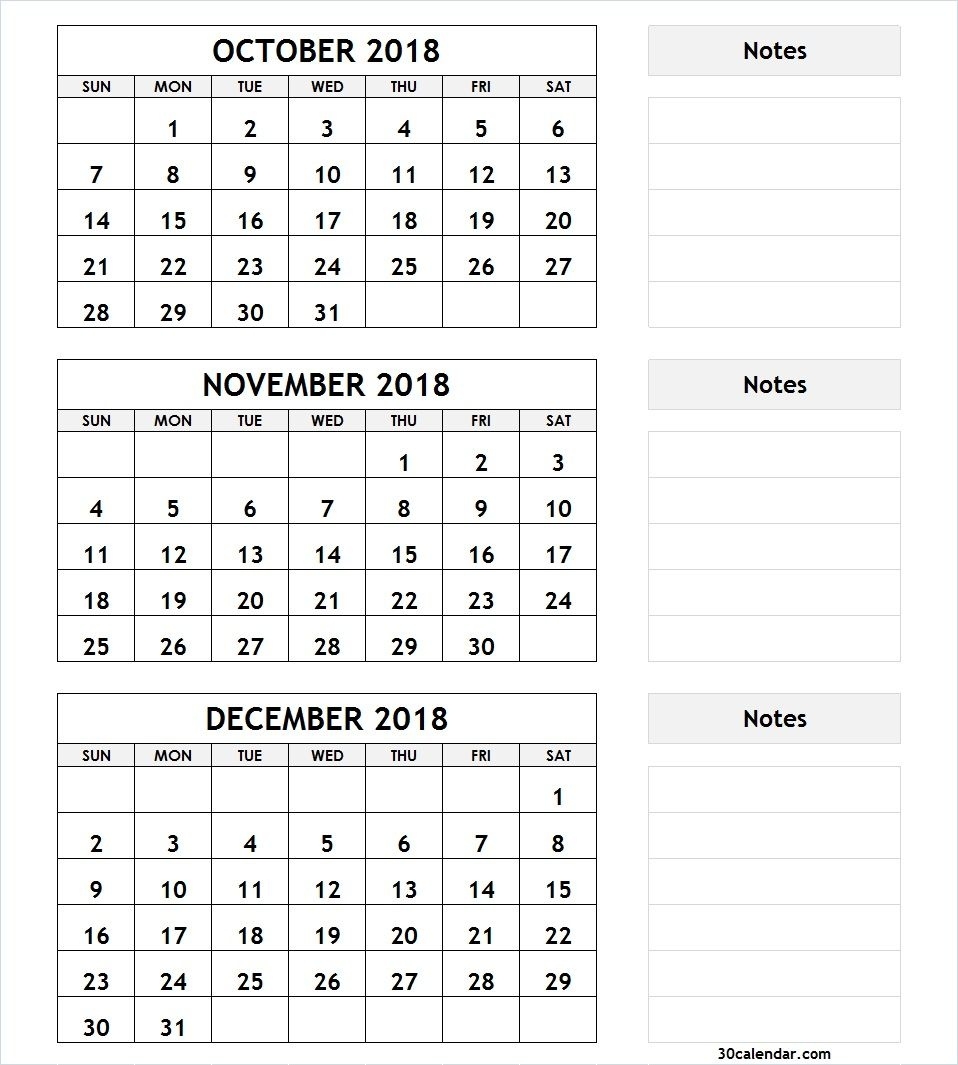 3 Month Calendar October November December 2018 | December 3 Month Blank Printable Calendar