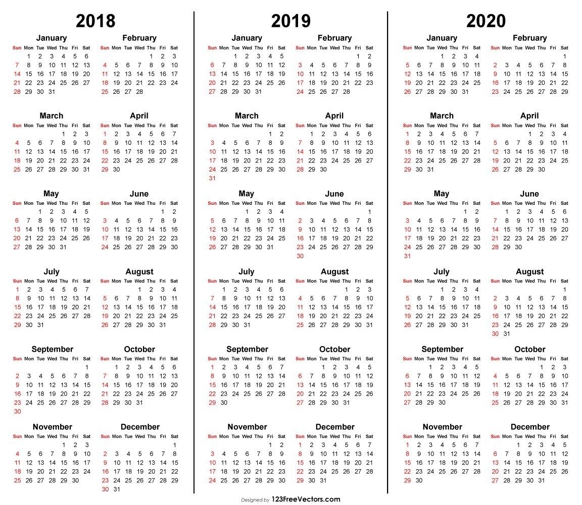 3 Year Calendar 2018 2019 2020 Printable | Calendar, Free Impressive 2020 Calendar Free Vector