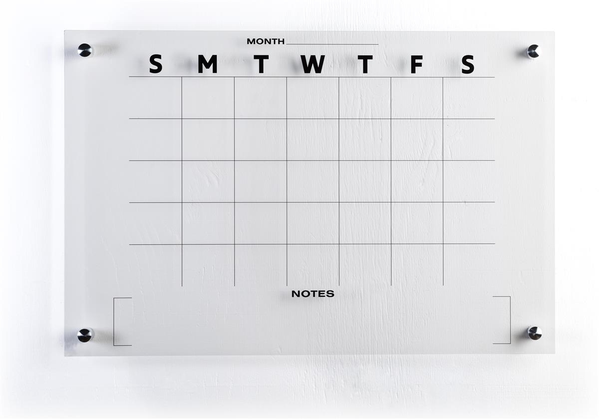 36X24 Wall-Mounted Dry Erase Monthly Calendar, Frameless Acrylic,  Pre-Printed - Clear Personalised Monthly Calendar Dry Erase Board