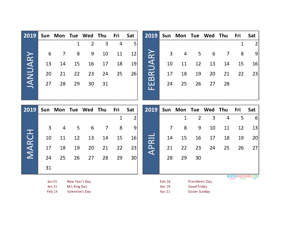 4 Month Calendar 2019 Printable [ January To December Perky 4 Month Calendar Printable Free