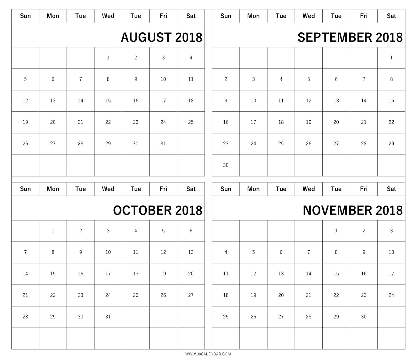4 Months 2018 Calendar | August September October November Perky 4 Month Calendar Printable Free