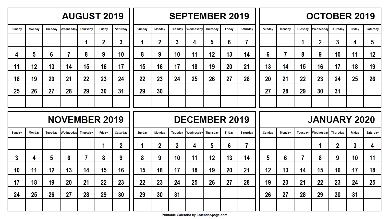 6 Month Calendar August 2019 January 2020 | Calendar, August 6 Months On One Page Grid Calendar