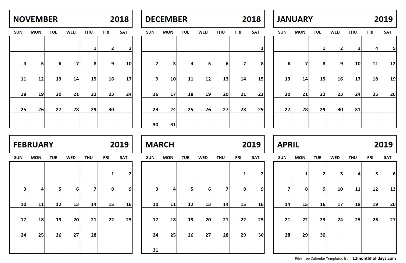 6 Month Calendar November 2018 April 2019 | 2019 Calendar Free Six Month Calendar Template
