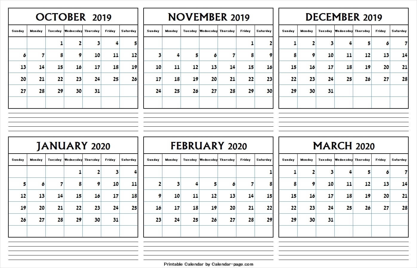 6 Month Calendar October 2019 And March 2020 | Editable Png 6 Month Blank Calendar 2020