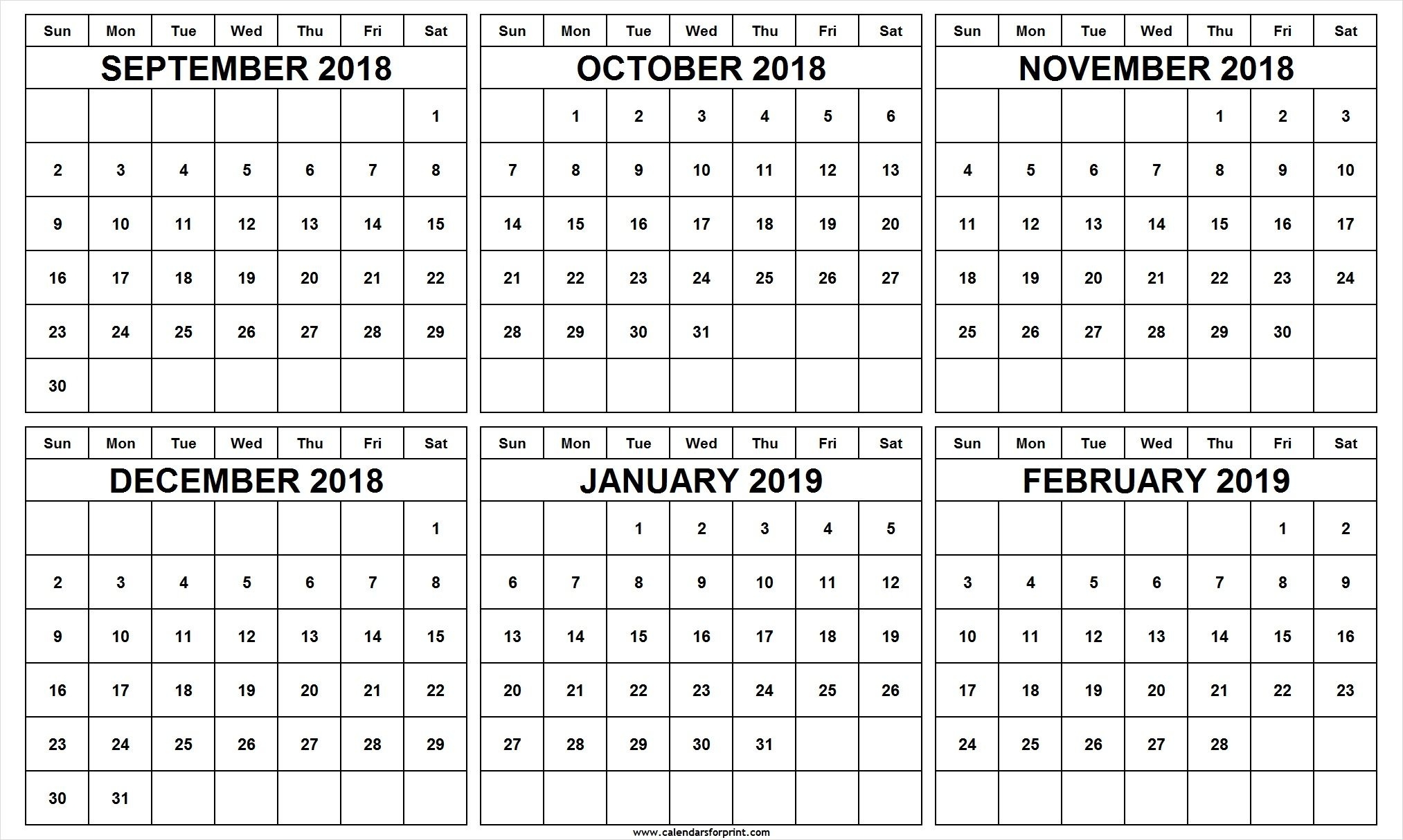 6 Month Calendar September October November December 2018 Exceptional Free 6 Month Calnader Template