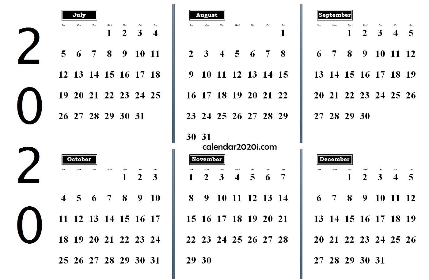 6 Months 2020 Half Year Printable Calendar | Calendar 2020 Free 6 Month Calnader Template