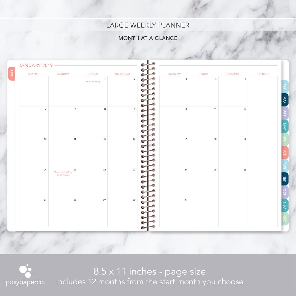 8.5X11 Weekly Planner - Tropical Floral - Personalized Planners By Posy  Paper Co. Exceptional 8.5 X 11 Inch Monthly Calendar