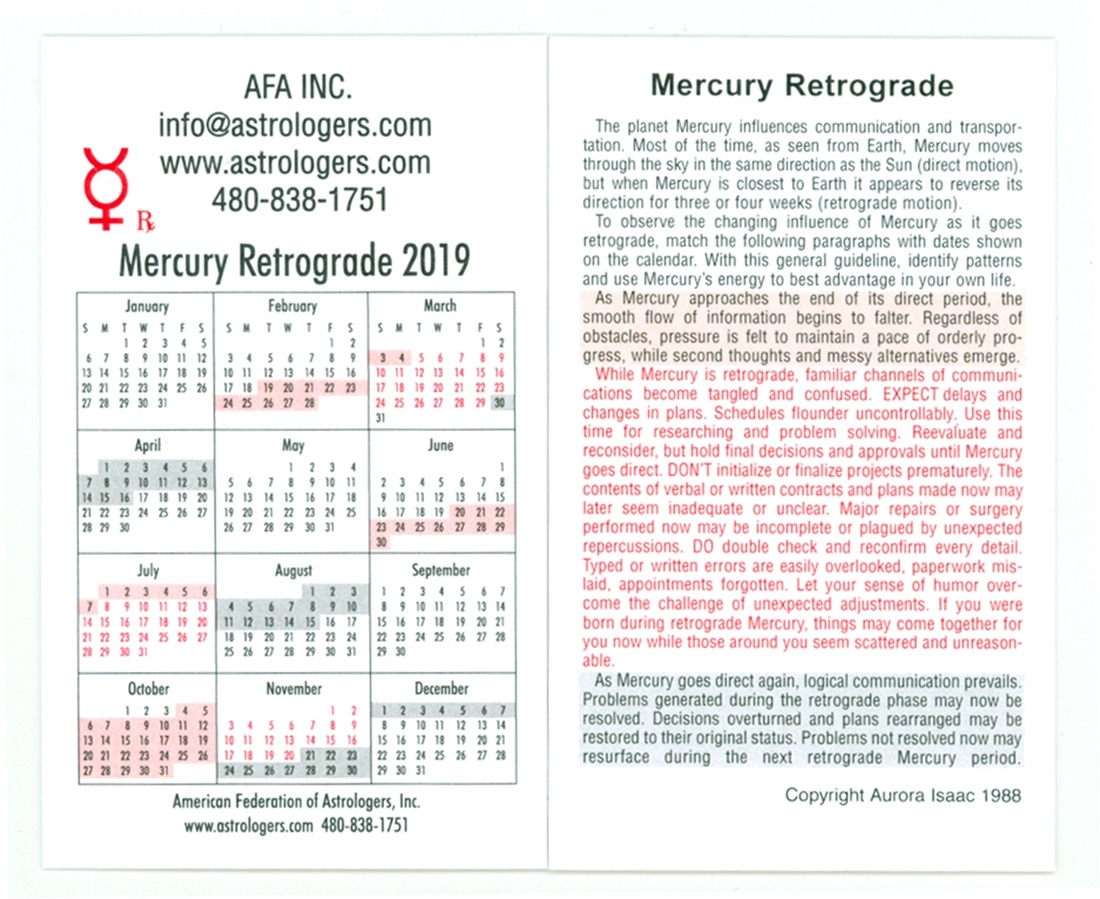 American Federation Of Astrologers Mercury Retrograde Calendar 2020 Free