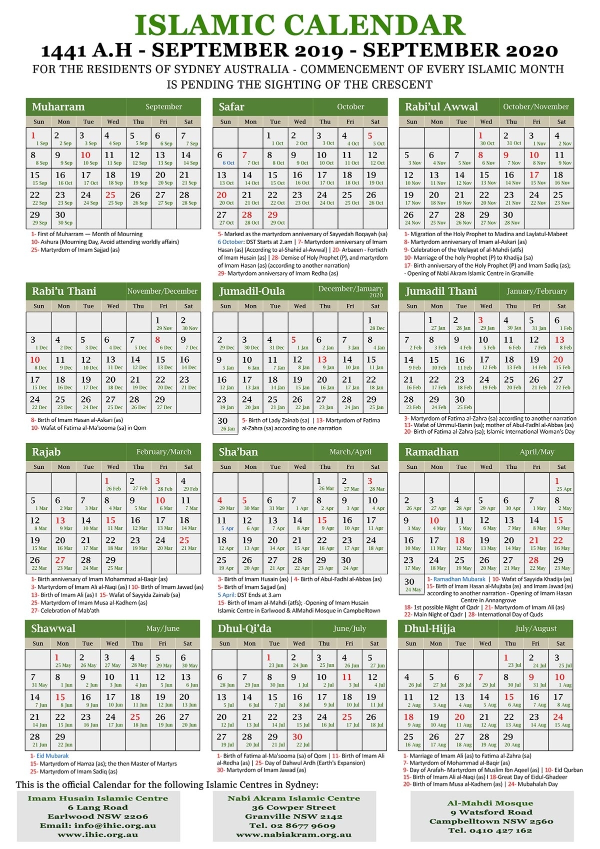 Annual Islamic Calendar 1441 A.h. (2020) – Imam Husain Extraordinary 2020 Calendar With Islamic Dates
