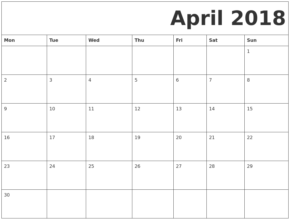 April 2018 Monday Starting Calendar | 2018 Printable Blank Calendar Starting On Monday