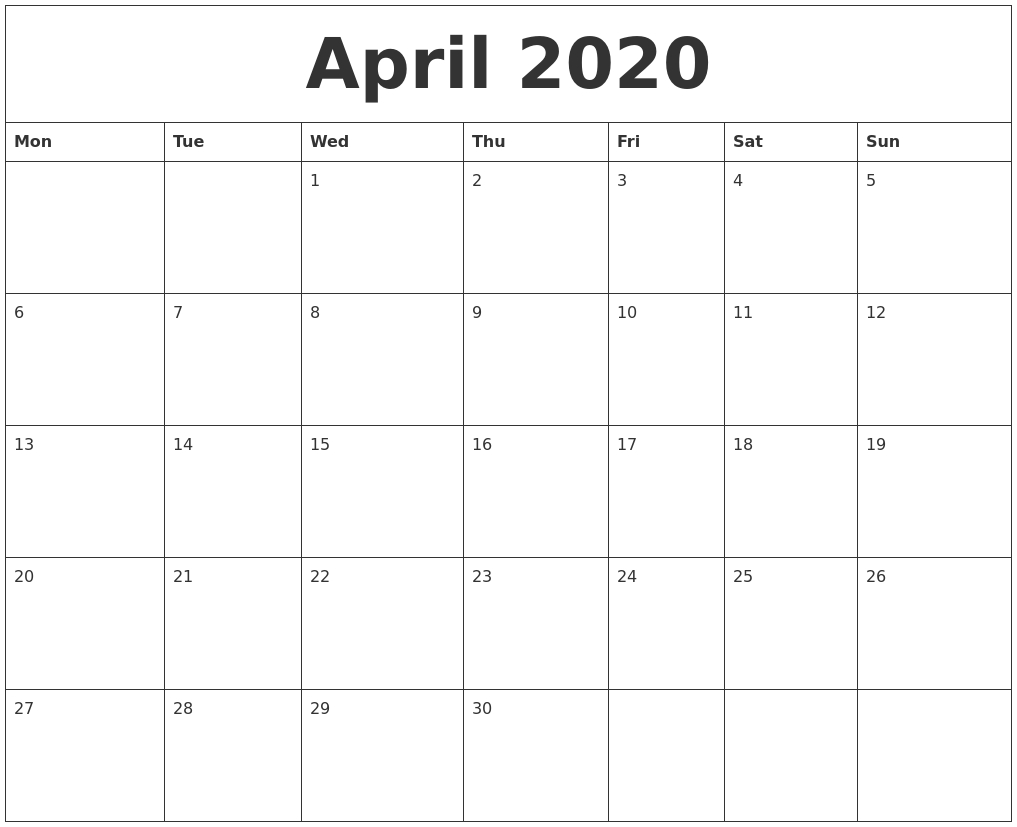 April 2020 Blank Monthly Calendar Template Printable Blank Monthly Calendar Template 2020