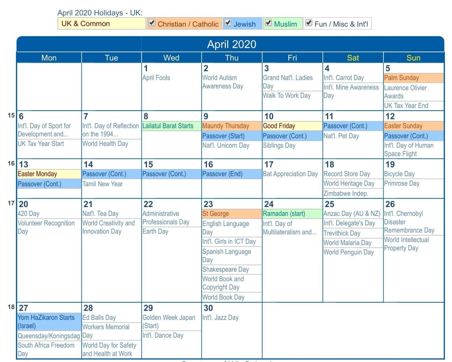 April 2020 Calendar With Holidays Dates Template - Web Passover 2020 Calendar Date