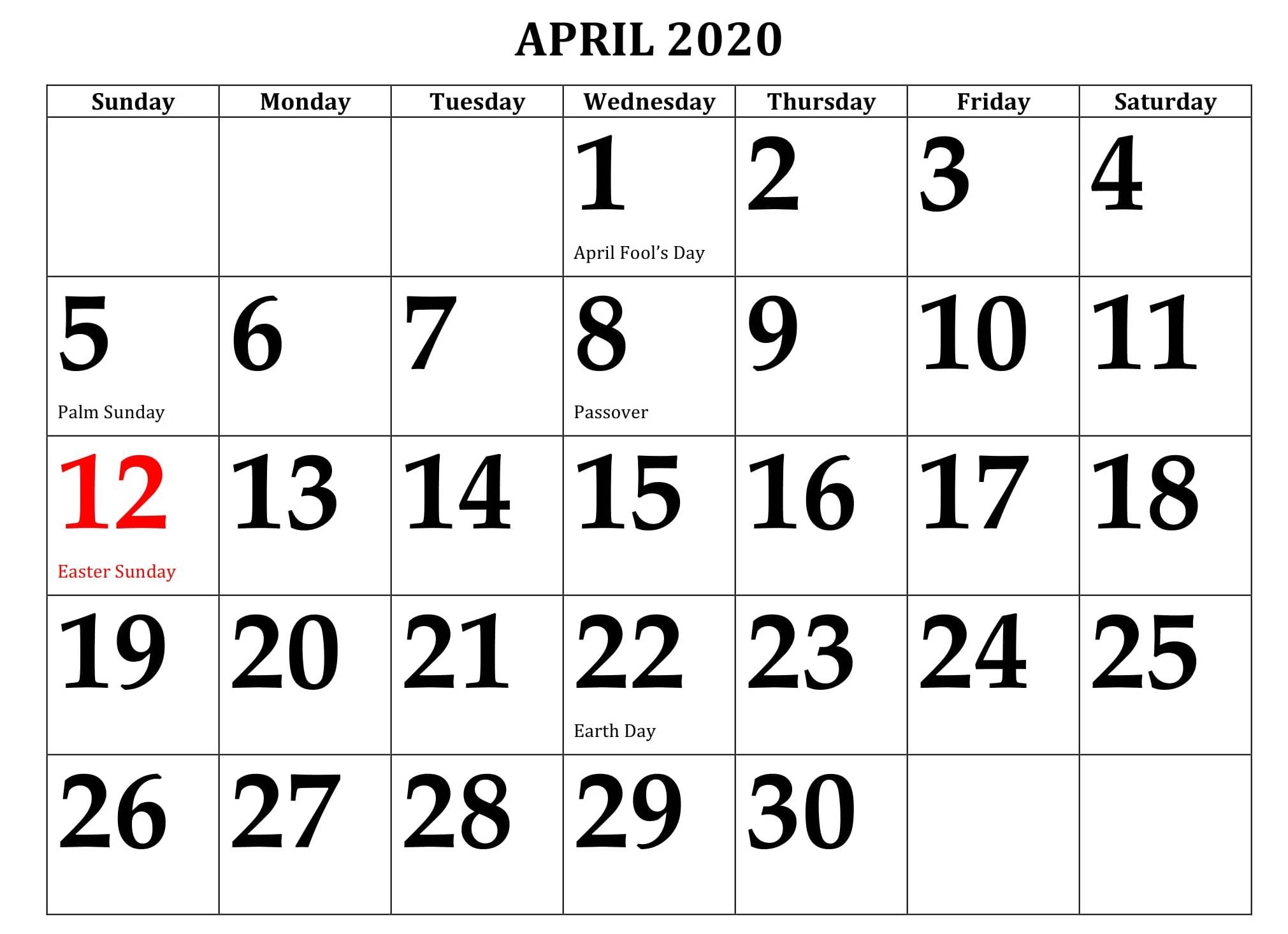 April 2020 Calendar With Holidays Template - 2019 Calendars Passover 2020 Calendar Date