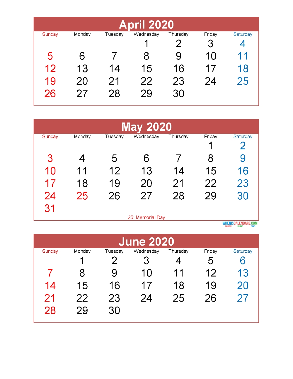 April May June 2020 Calendar 3 Months Per Page Printable 2020 Calendar 4 Months Per Page Printable