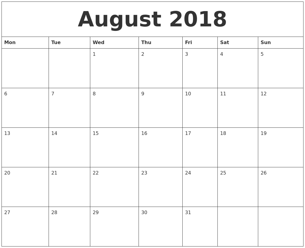 August 2018 Calendar Monday Start, August 2018 Calendar Word Calender To Print With Monday Start Date