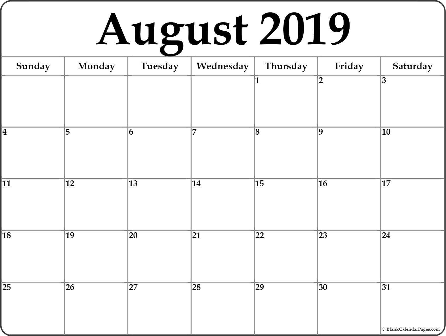August 2019 Calendar | Free Printable Monthly Calendars Printable Monthly Calendar With No Weekends
