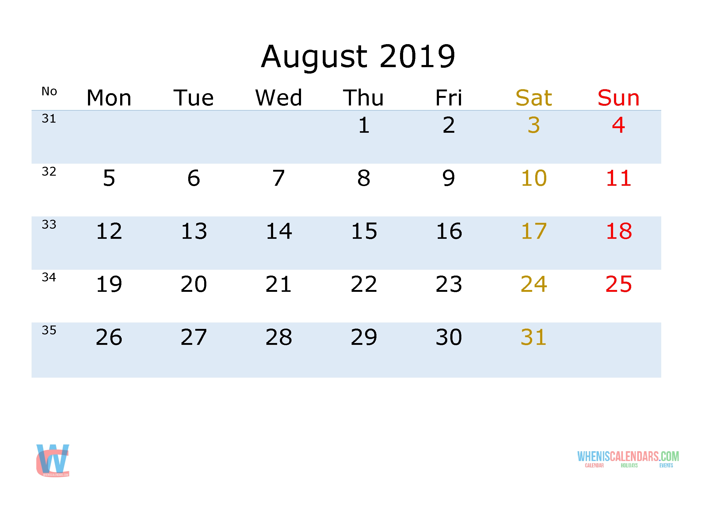August 2019 Printable Monthly Calendar With Week Numbers Dashing Printable Monthly Calendar With No Weekends