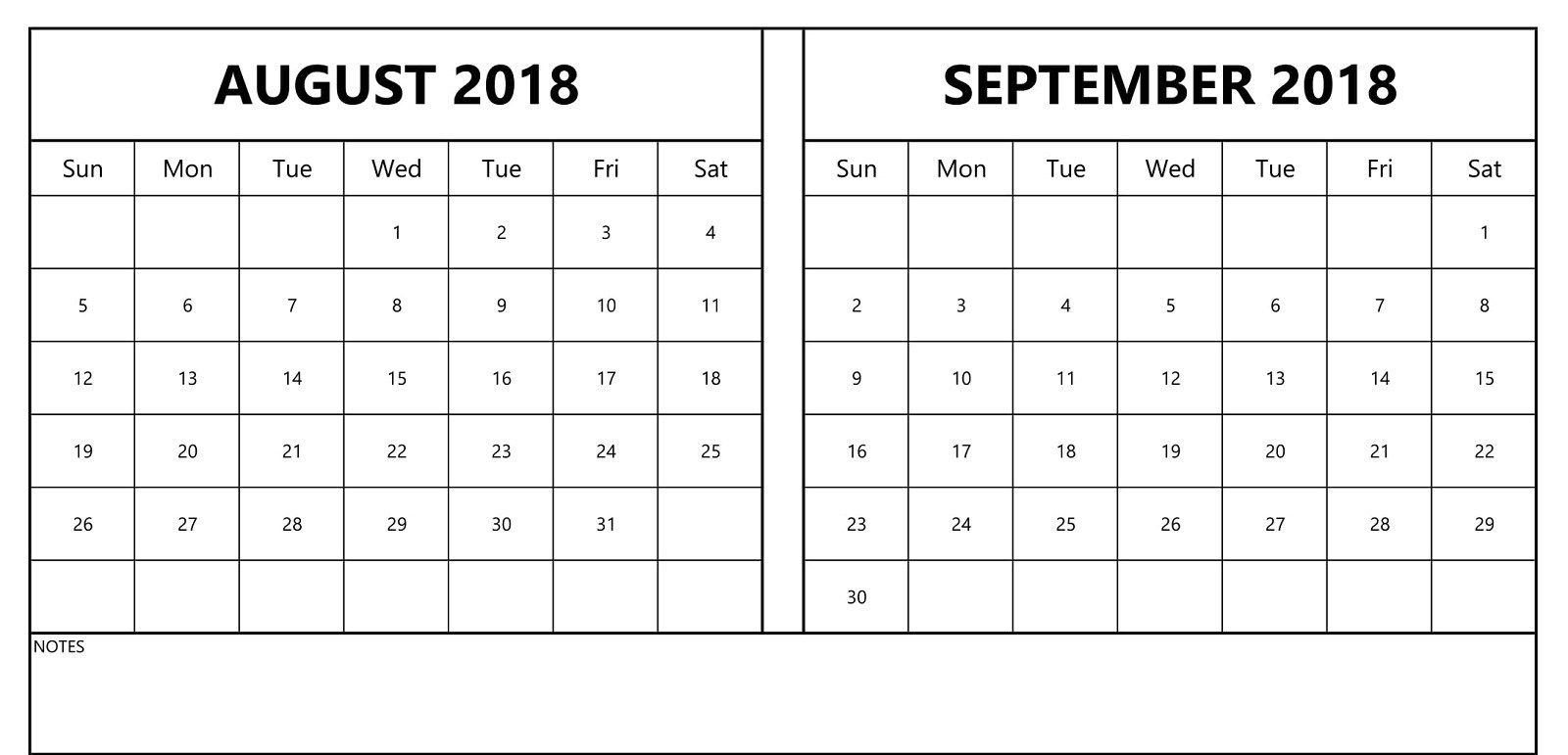 August September 2018 Calendar Print Two Month Template Free Printable Two Month Calendar