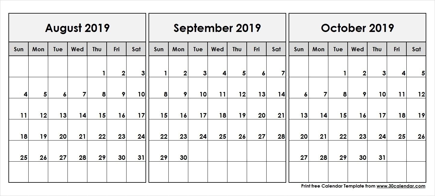 August-September-October-2019-Printable-Calendar - 30 Day Impressive Blank Month Calendar 30 Days