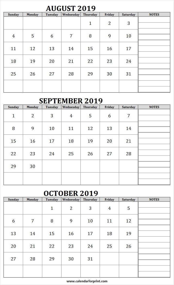 August To October 2019 Calendar Printable | 3 Month Calendar Perky Three Calendar Monthas From 25 October