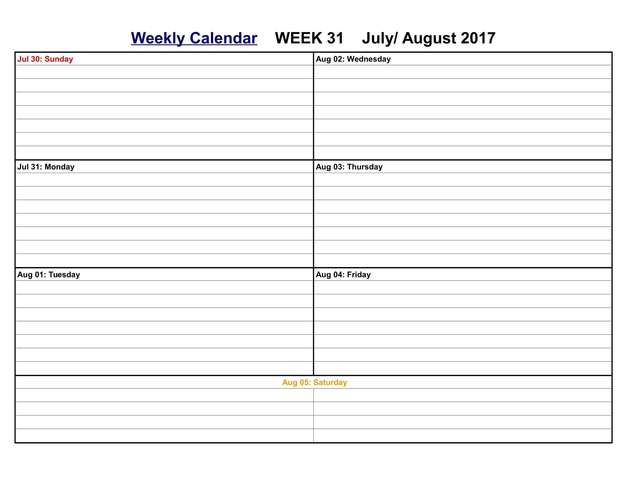 August Weekly Calendar - Colona.rsd7 Printable Weekly Calendar Monday Start