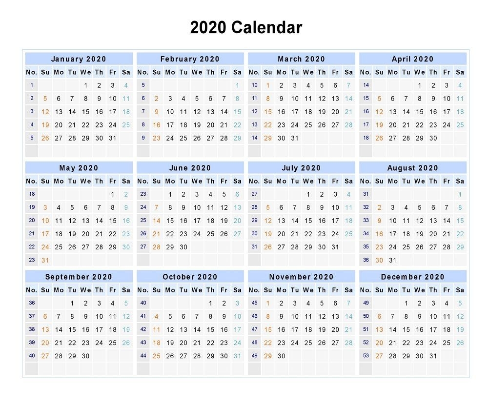 Blank 2020 12 Months Calendar | Monthly Calendar Template Printable 2020 Calendar With Week Numbers
