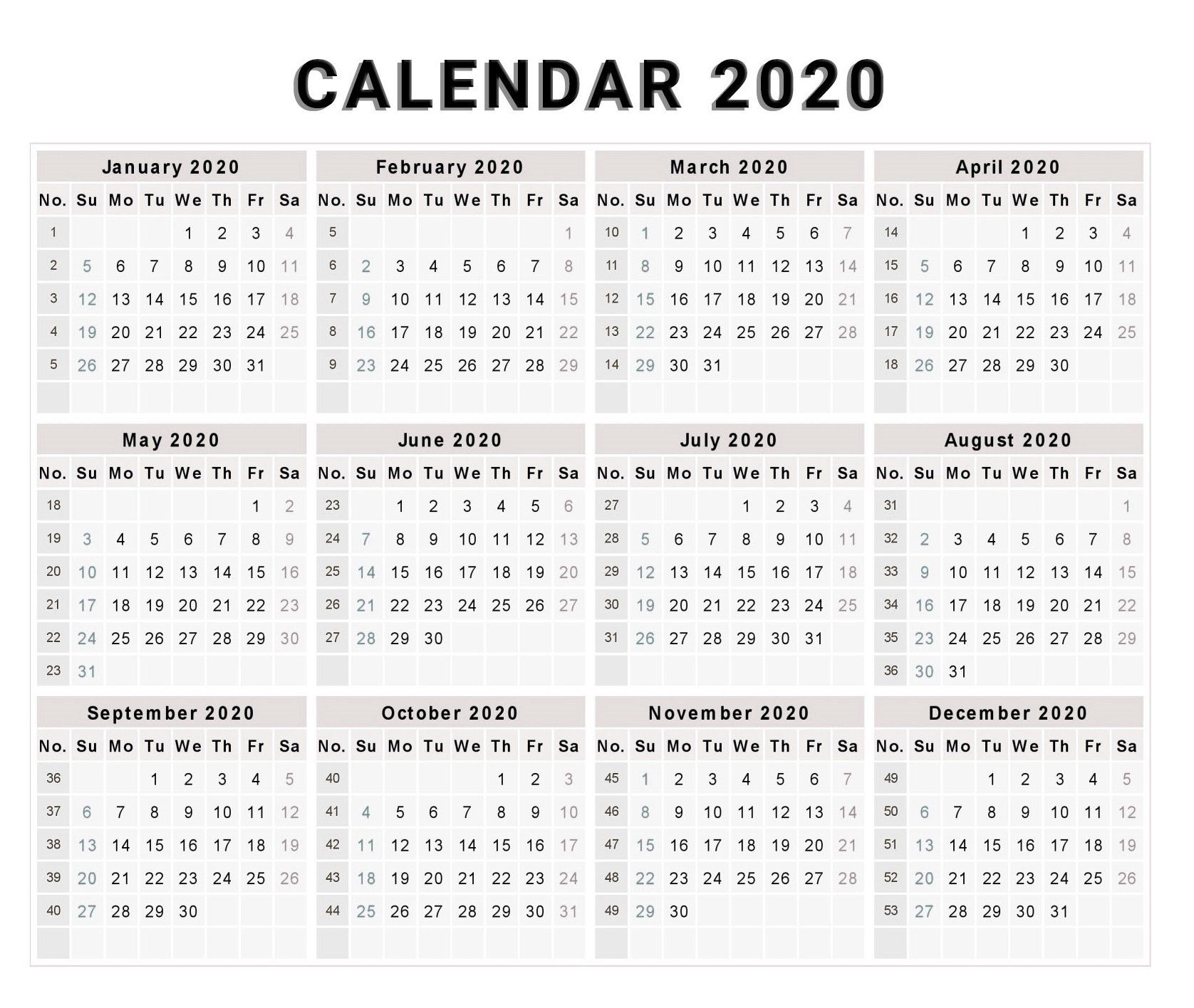 Blank 2020 One Page Calendar Printable | Free Calendar 2020 1 Page Calendar