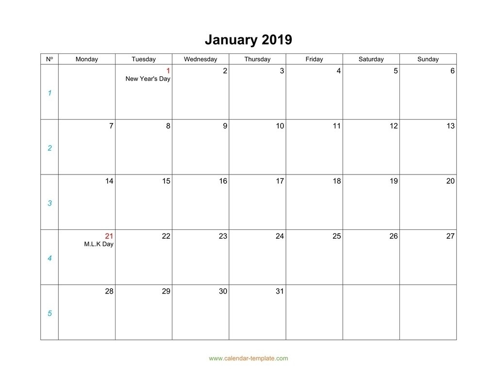 Blank Calendar 2019-Monthly Calendars Start Monday – Monthly Perky Month Calendar Starting On Monday