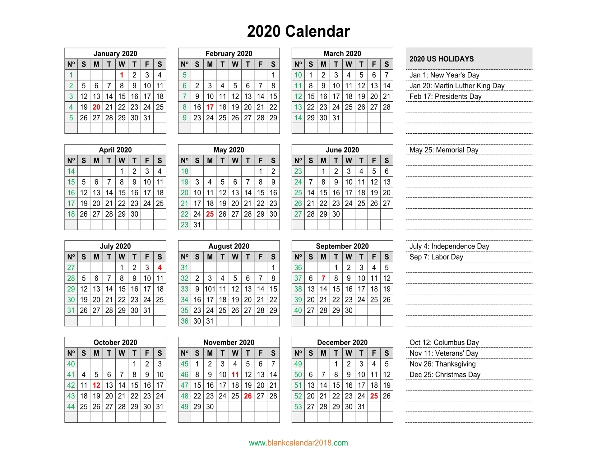 Blank Calendar 2020 2020 Calendar Printable With Holidays