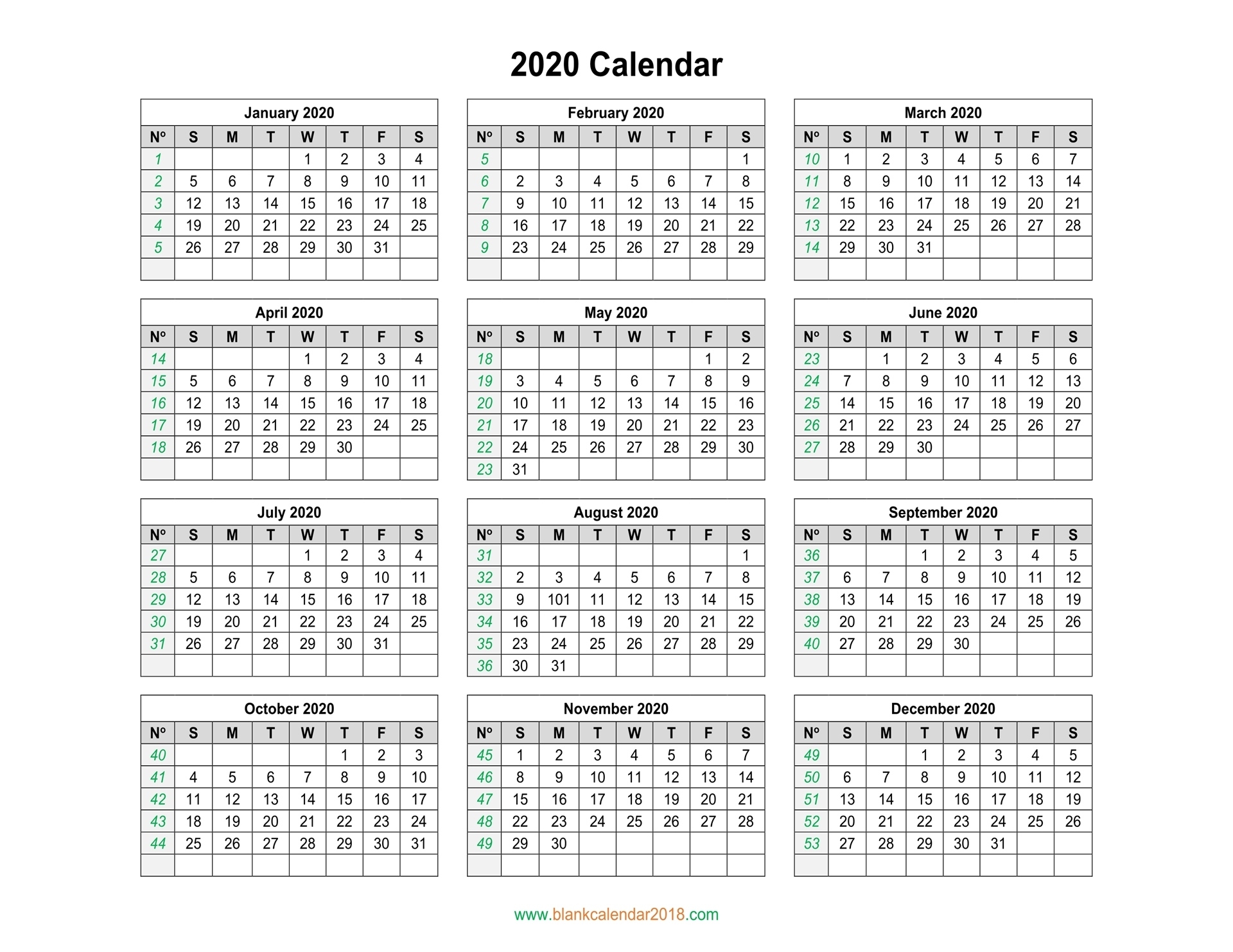 Blank Calendar 2020 2020 Calendar Template With Week Numbers