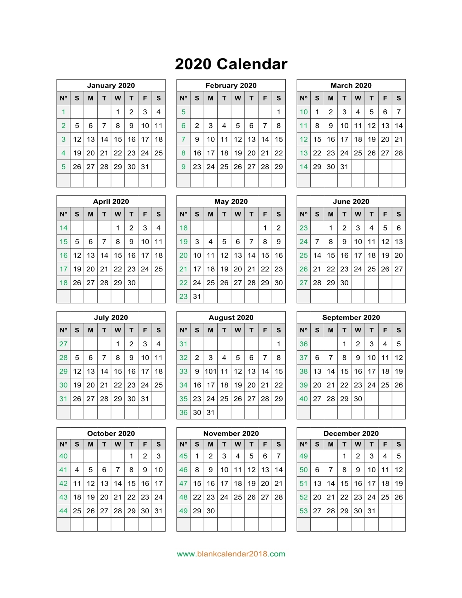Perky 2020 Yearly Calendar Template Word Blank • Printable Blank ...