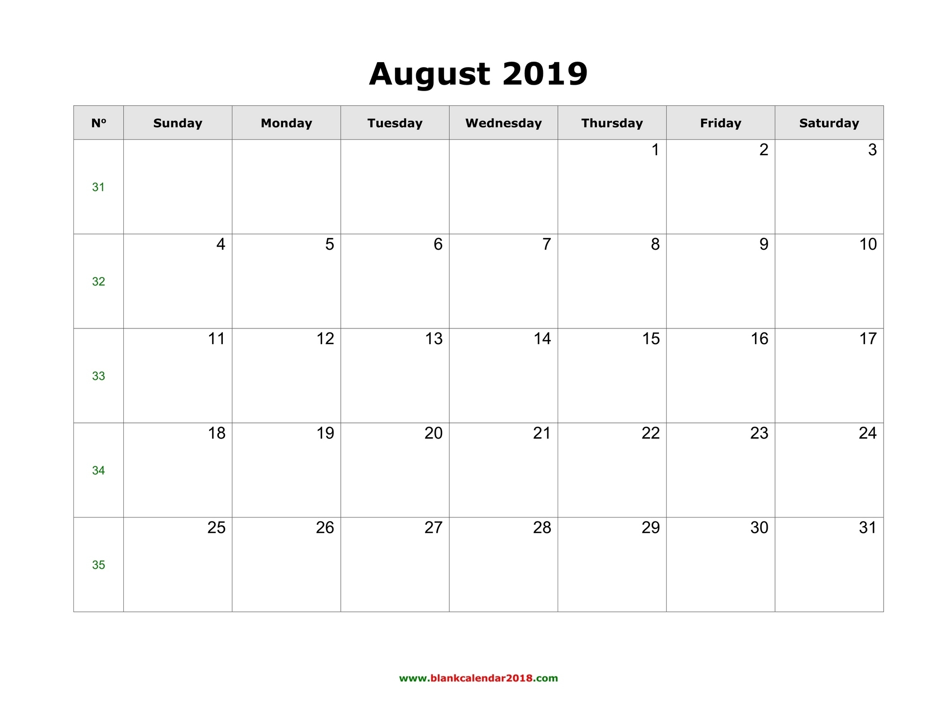 Blank Calendar For August 2019 Free Blank Calendar Printable Weekly No Download