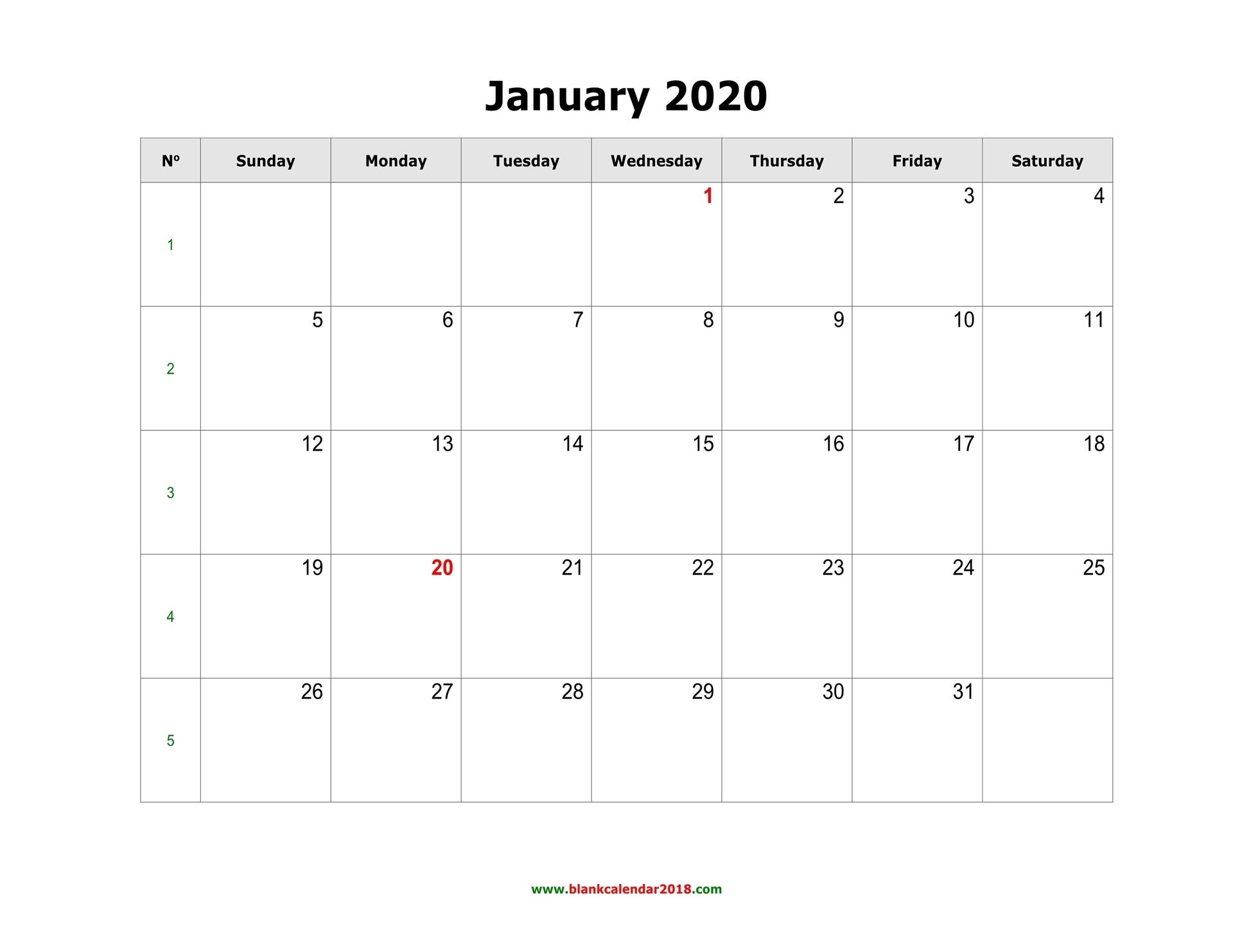 Blank Calendar For January 2020 January 2020 Calendar Printable Org