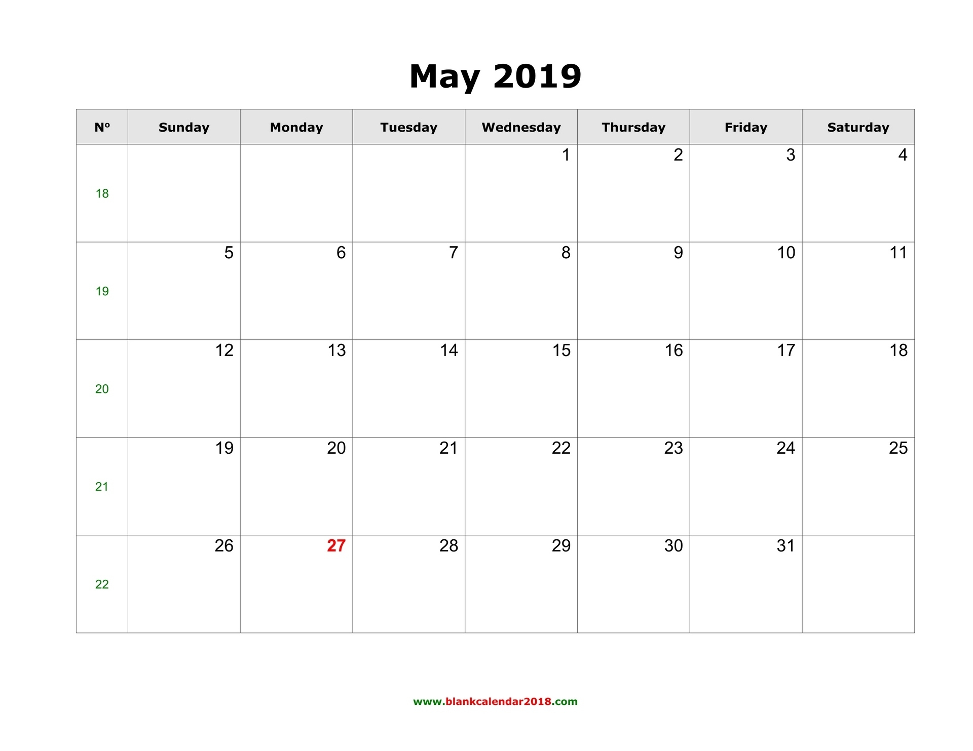 Blank Calendar For May 2019 Printable Calendar In Word Format
