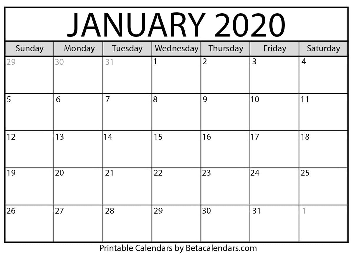 Blank January 2020 Calendar Printable Blank January 2020 Calendar Printable Free