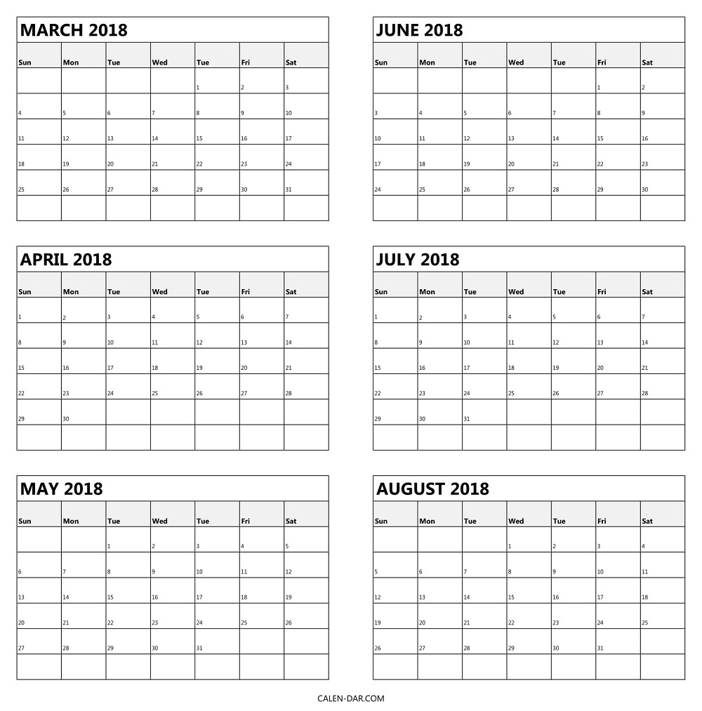 Blank March To August Calendar 2018 Template | Six Monthly Free Six Month Calendar Template