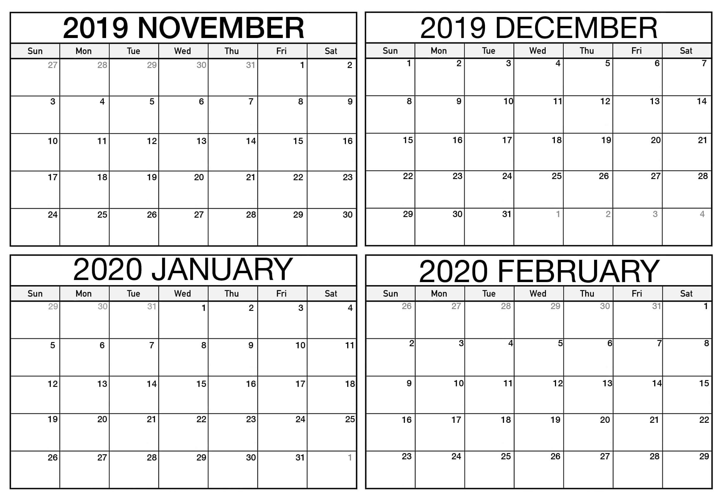 Blank November 2019 To February 2020 Calendar - 2019 Blank Four Month Calendar On One Page