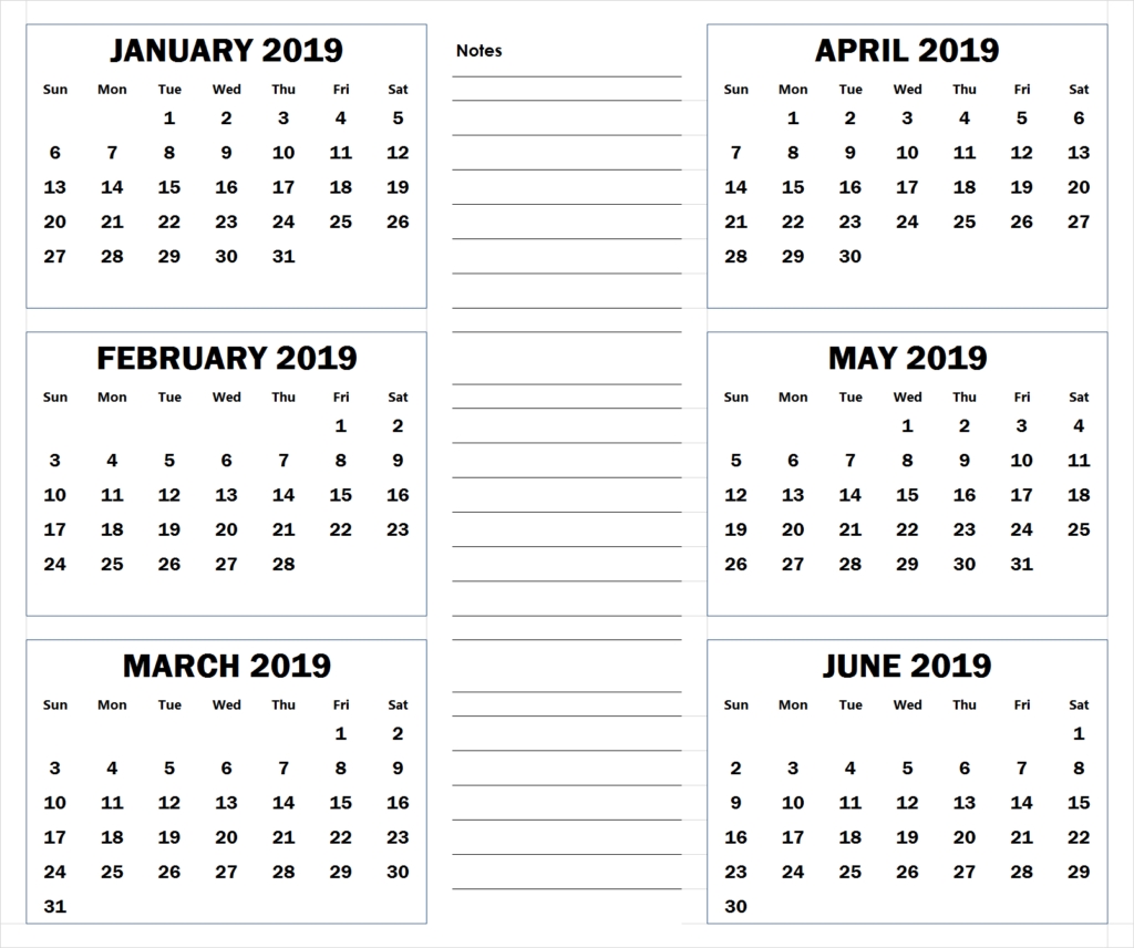 Blank Six Month 2019 Printable Calendar | 2019 Calendar Free Six Month Calendar Template