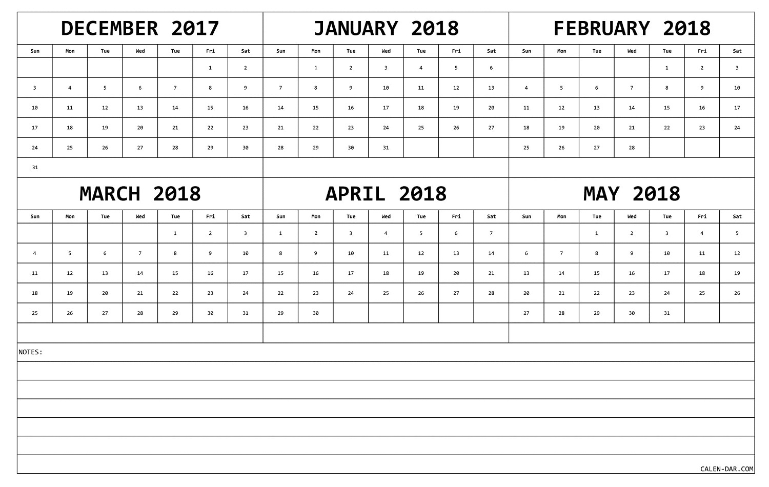 Calendar 2017 December To 2018 May With Notes And Holidays Incredible 6 Month At A Glance Calendar