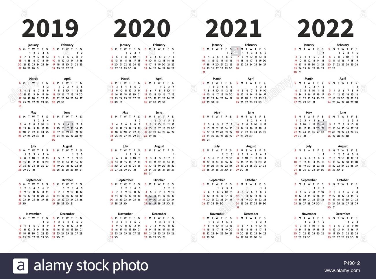 Calendar 2019, 2020, 2021 And 2022 Year Vector Design 4 Year Calendar 2019 To 2020
