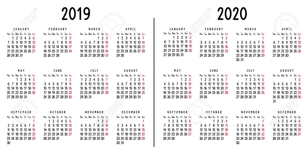 Calendar 2019 And 2020. Week Starts From Monday. Vector Illustration. 2020 Calendar By Week