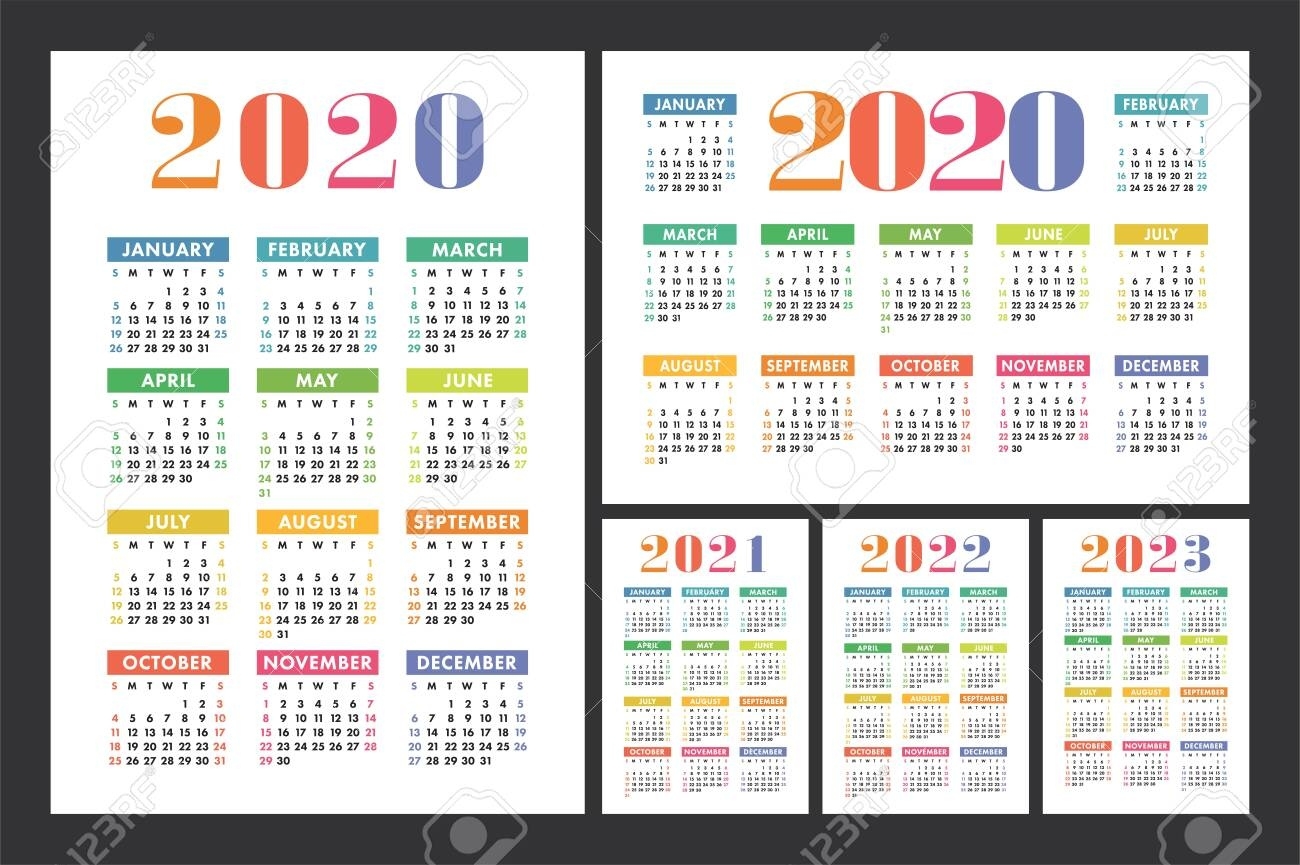 Calendar 2020, 2021, 2022 And 2023. English Color Vector Set Big Printable Calendars 2020 2021 2022