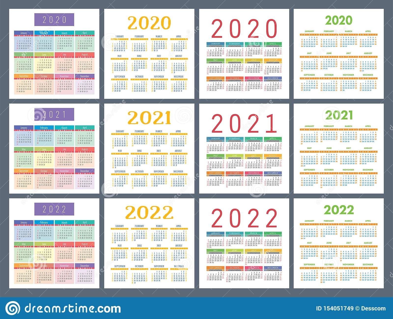 Calendar 2020, 2021, 2022 Years. Pocket Calender. Colorful Exceptional 2020 Calendar Week 39