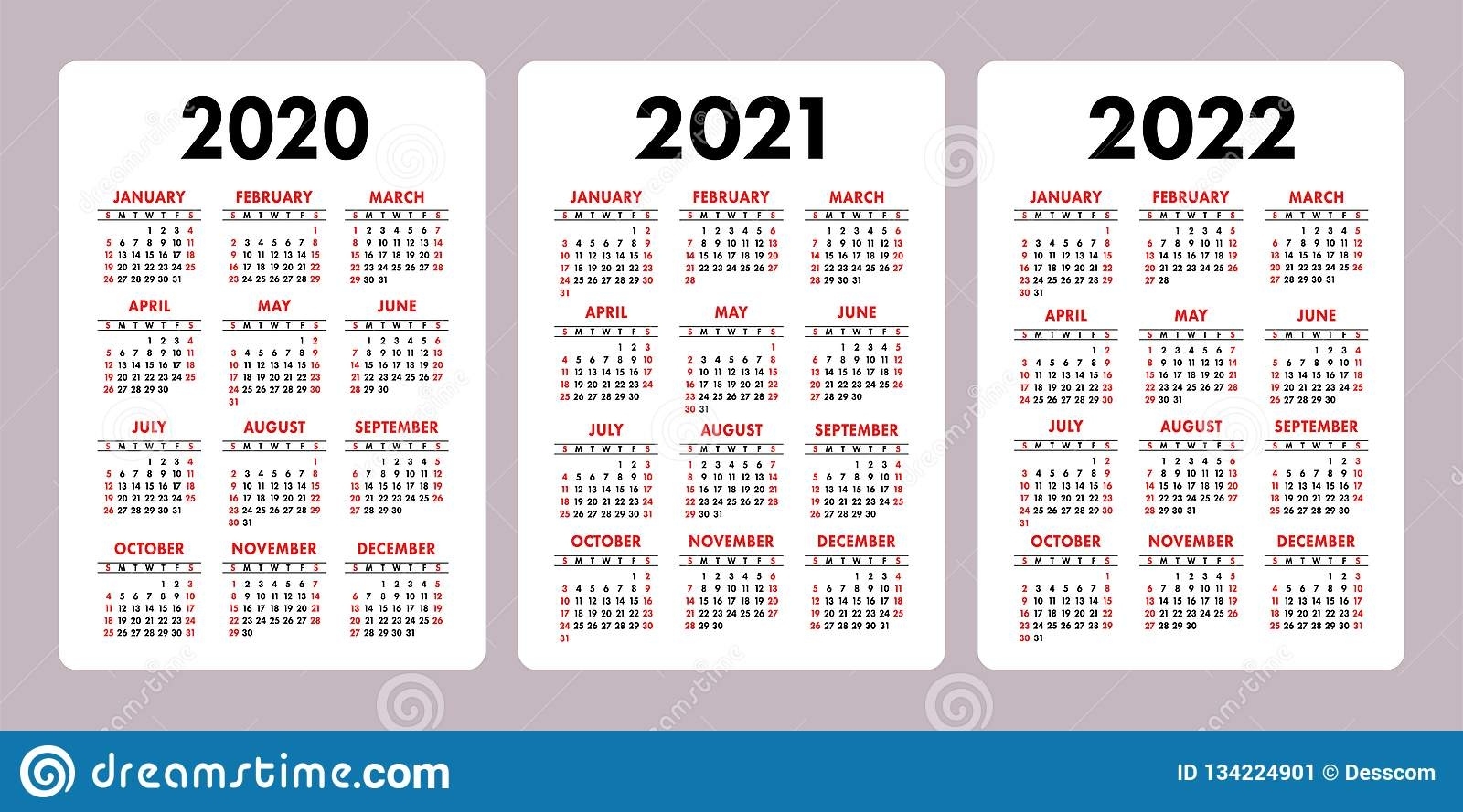 Calendar 2020, 2021, 2022 Years. Vertical Vector Calender Printable Calendars 2020 - 2022