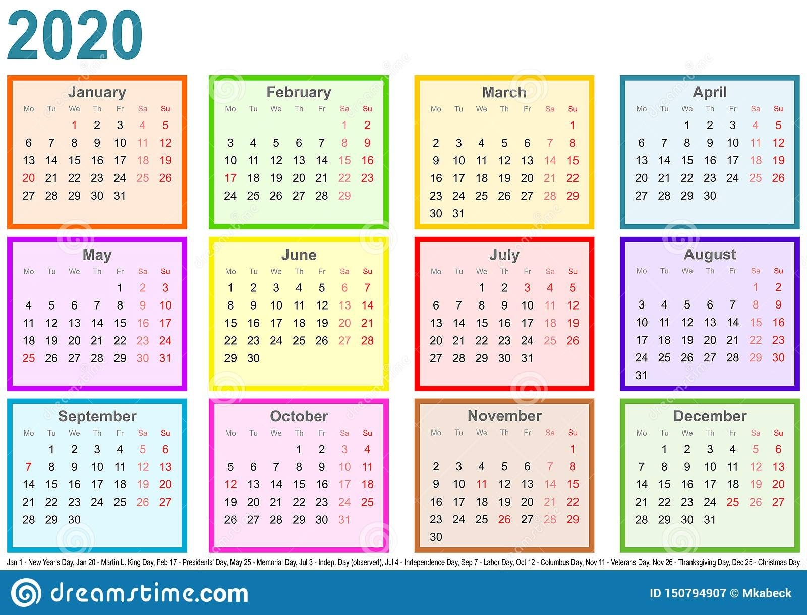 Calendar 2020 Each Month Different Colored Square Usa Stock Impressive Calendar 2020 Printable With Color And Holidays Usa