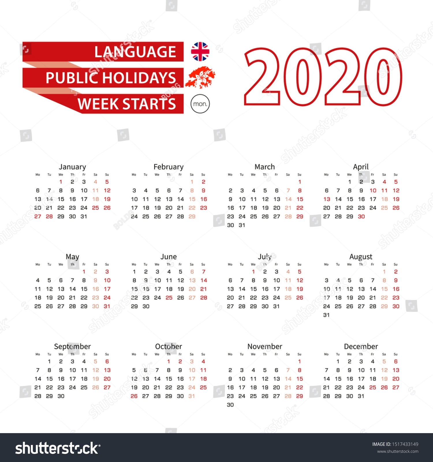 Calendar 2020 English Language Public Holidays Stock Vector Extraordinary Hong Kong Public Holidays 2020