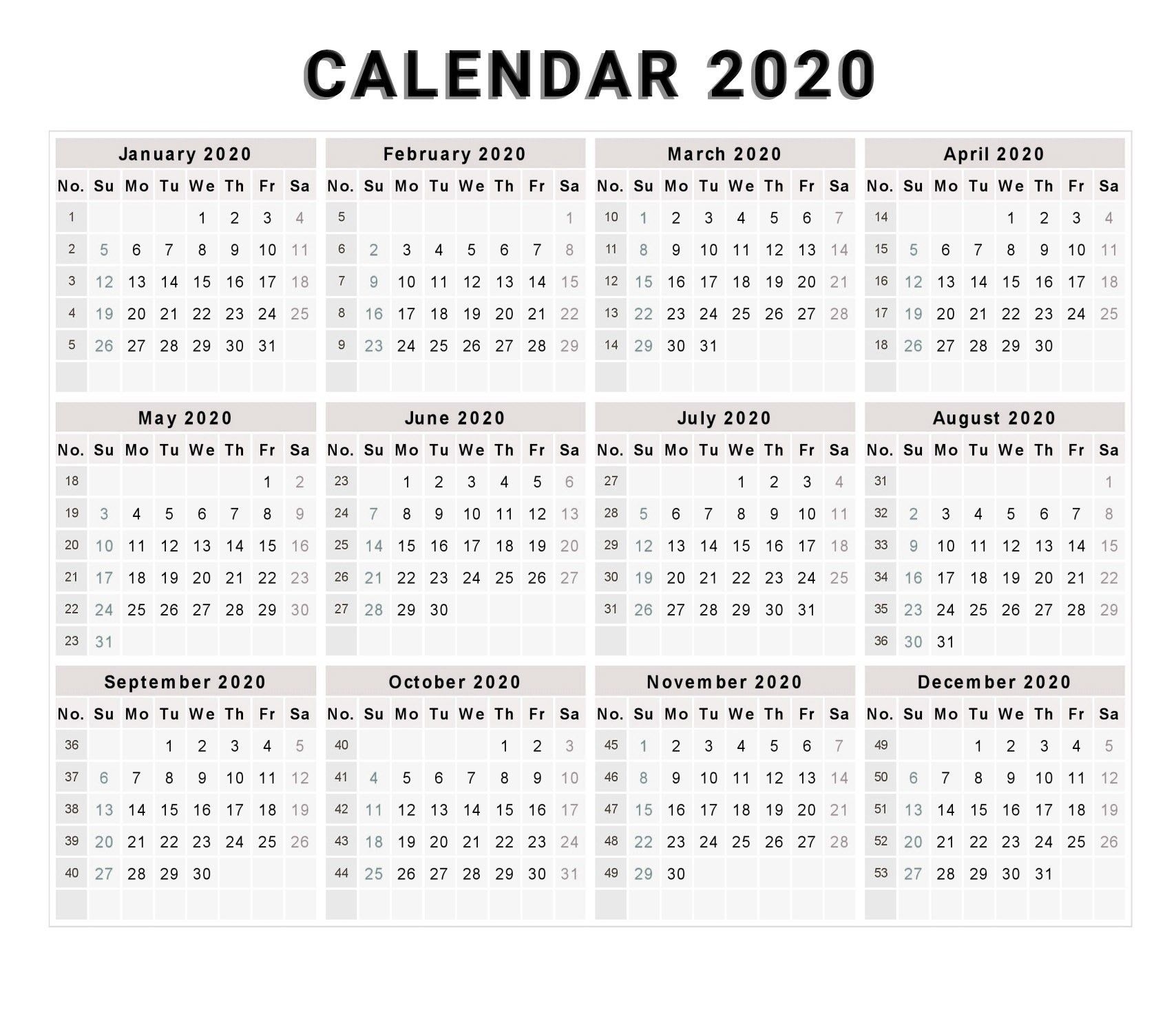Calendar 2020 Free Printable Calendar 2020 Free 2020 2020 Calendar Template With Week Numbers