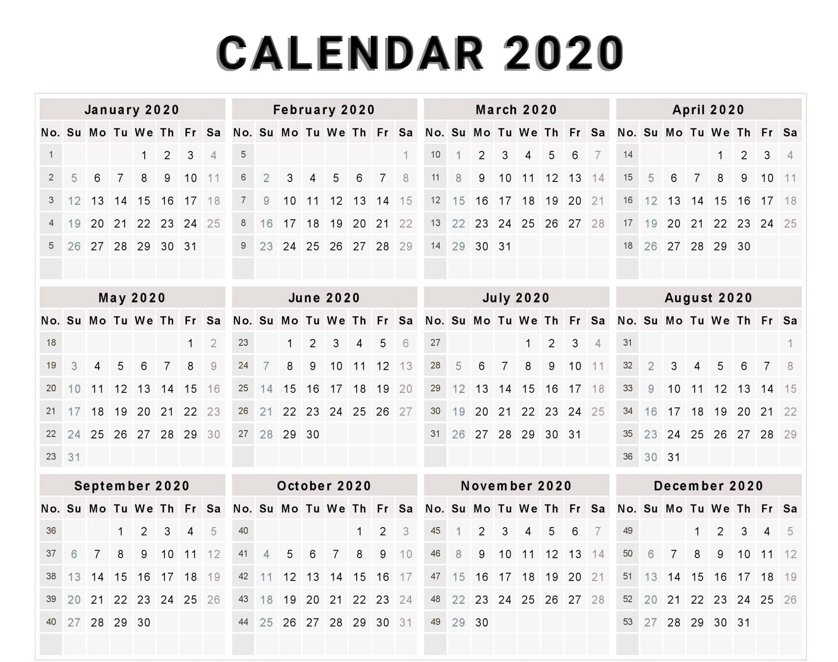 Calendar 2020 Free Template With Weeks | Free Calendar 2020 Calender With Numbered Days