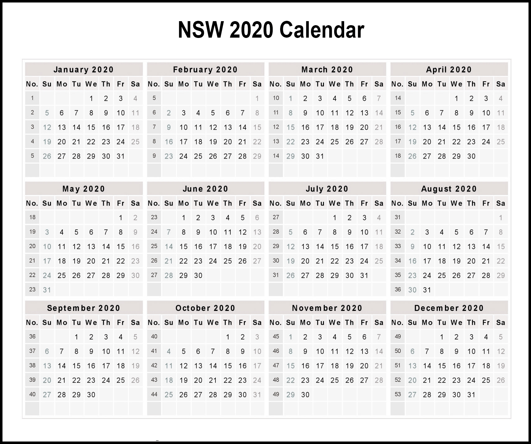 Calendar-2020-Free-Template-With-Weeks-Min | Printable Impressive 2020 Calendar Nsw Public Holidays