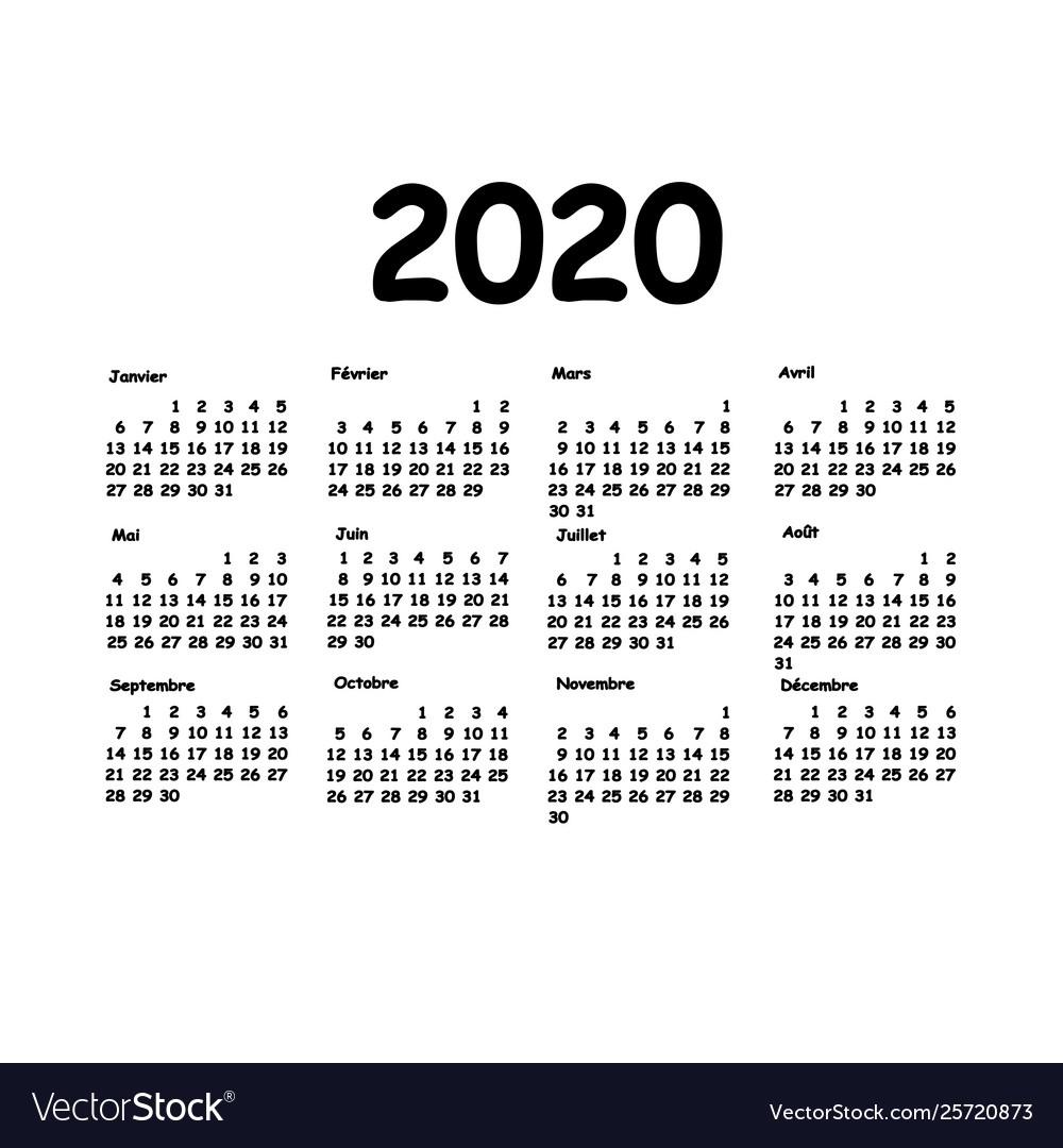 Calendar 2020 Grid French Language Monthly Black And White 2020 Calendar Free